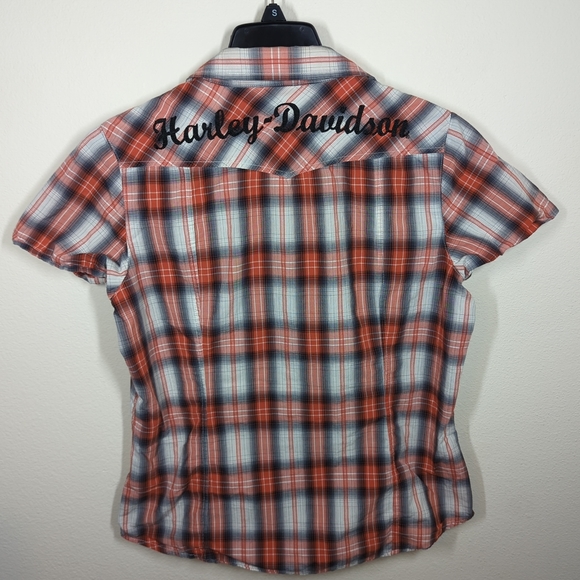 Harley Davidson Genuine Women's Size Medium Pearl Snap Plaid Short Sleeve Shirt - Picture 4 of 5
